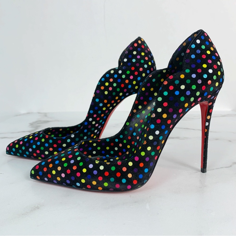 Christian Louboutin Hot Chick 100mm Suede Multi Polka Dot Scallop Pump Size 39 - Picture 6 of 16